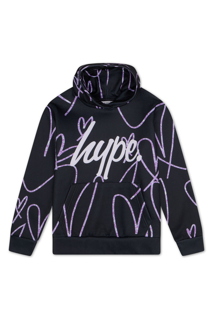 Hype Girls Black Scribble Hearts Hoodie