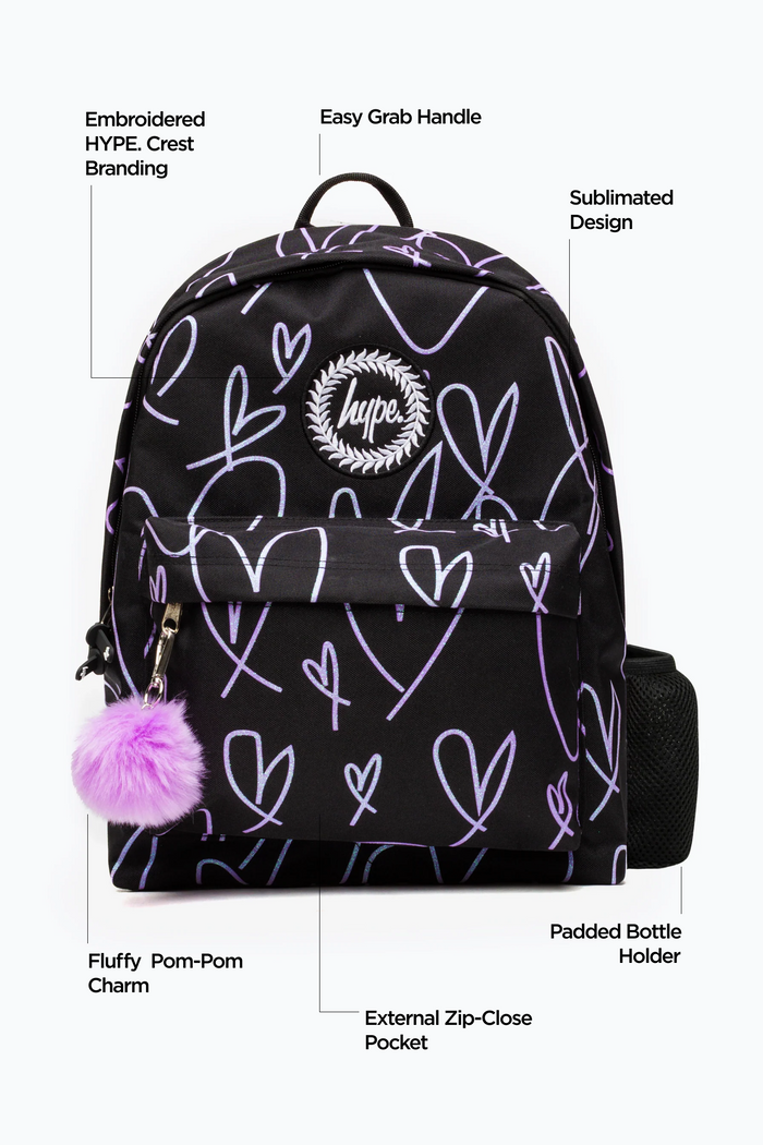 Hype Girls Black/Purple Glitter Scribble Hearts Iconic Backpack