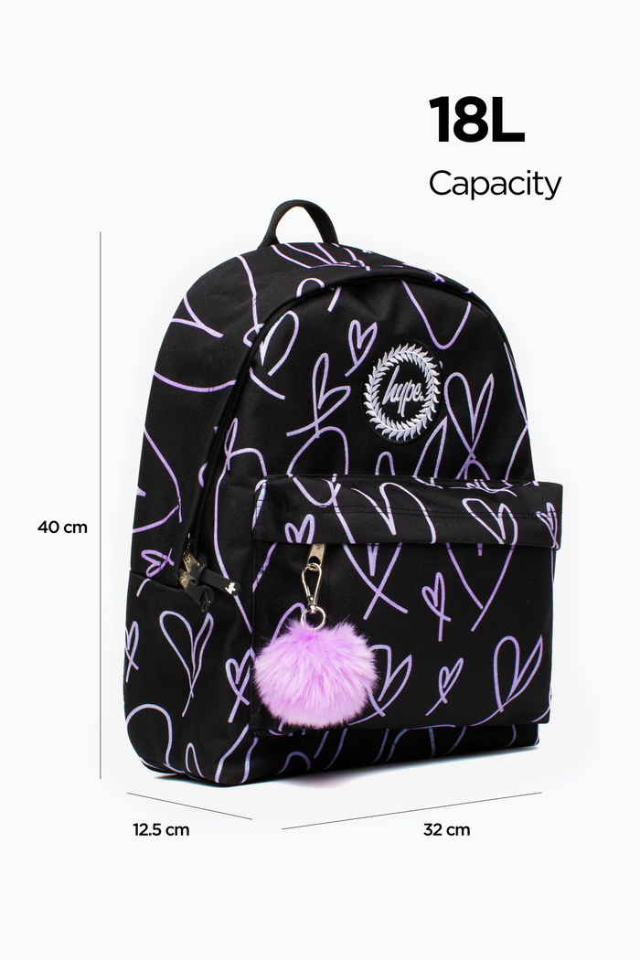 Hype Girls Black/Purple Glitter Scribble Hearts Iconic Backpack