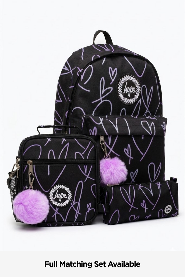 Hype Girls Black/Purple Glitter Scribble Hearts Iconic Backpack