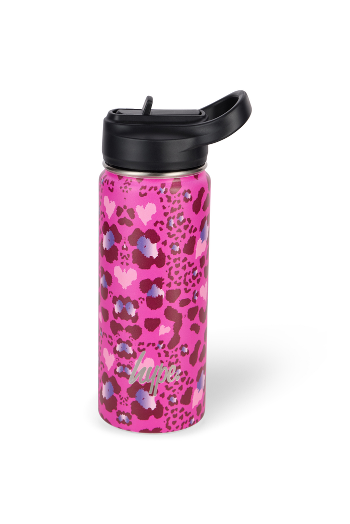 Hype Girls Pink Heart Leopard Water Bottle