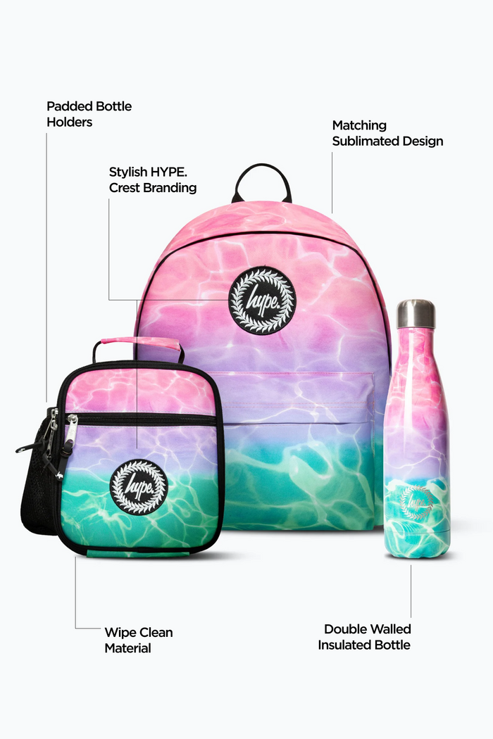 Hype Girls Pink/Turquoise Pastel Pool Backpack, Lunch Bag & Bottle Bundle