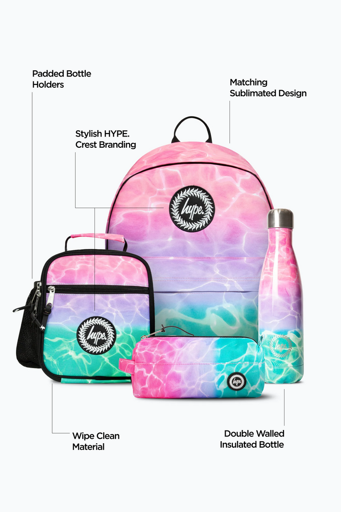 Hype Girls Pink/Turquoise Pastel Pool Backpack, Lunch Bag, Pencil Case & Bottle Bundle
