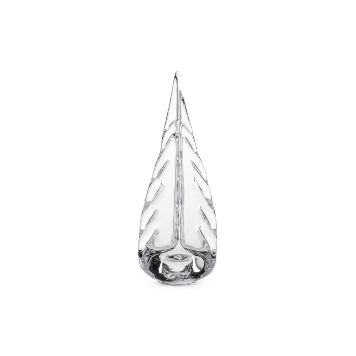 Clear glass teardrop vase with etched evergreen branch pattern and pointed top.