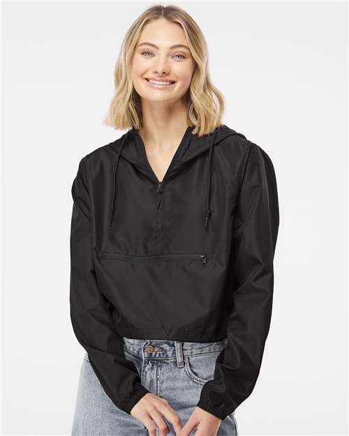 Independent Trading Co. EXP64CRP Women's Lightweight Quarter - Zip Pullover Crop Windbreaker - Ninja Transfers