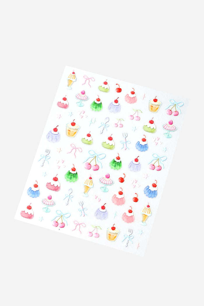 Jello Party nail stickers: pastel desserts like cupcakes, parfaits, cherries, bows, and stars.