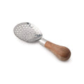Stainless steel julep strainer with perforated bowl and wooden handle.