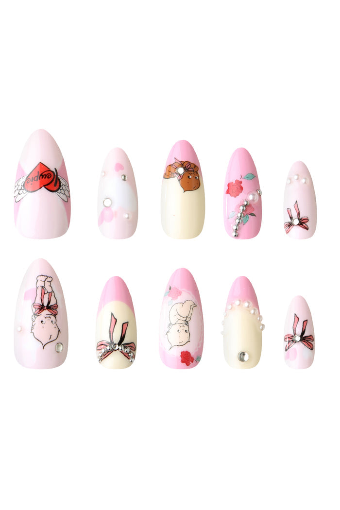 Kewpie Pastel press-on nails: pink/cream, cupid heart, floral, pearls, Kewpie characters.