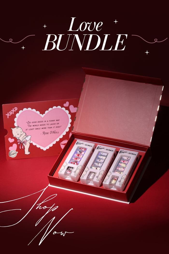 Kewpie x ONCH Love Bundle press-on nail gift box with Valentine designs. Features Rose O'Neill quote.