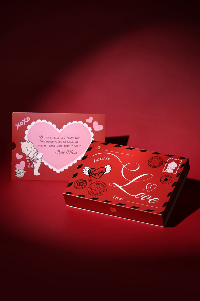 Kewpie x ONCH Love Edition gift box & card. Red, heart-themed Valentine's designs with Rose O'Neill quote.