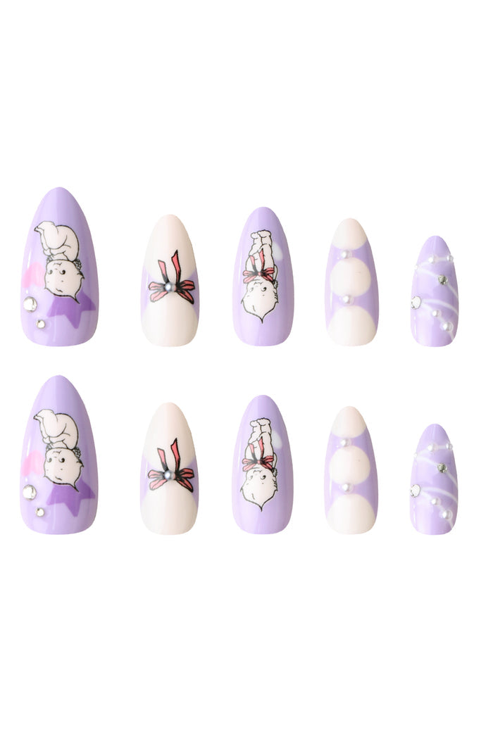 Purple press-on nails with Kewpie characters and pearl accents. Set includes oval and almond shapes.