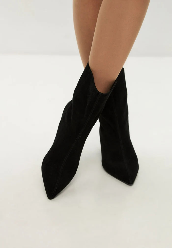 A stylish pair of black kitten heel ankle boots, perfect for women's fashion footwear in the dolly style.