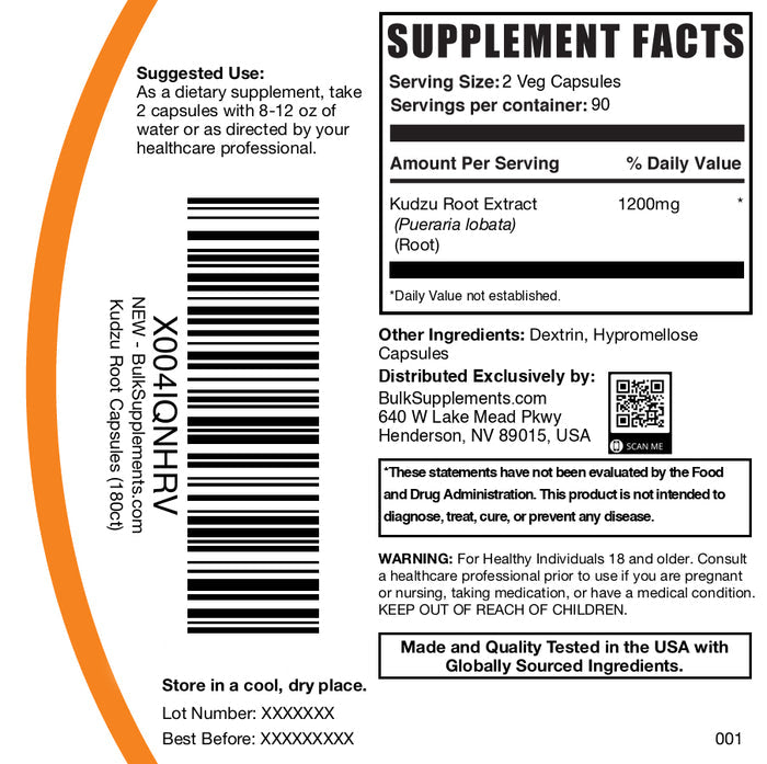 Kudzu root 180 capsules label