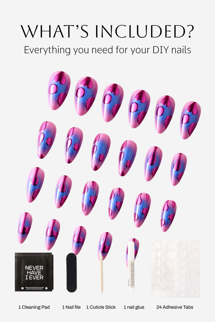 Press-on nails with pink and blue lava lamp design, includes nail file, cuticle stick, glue, and adhesive tabs.