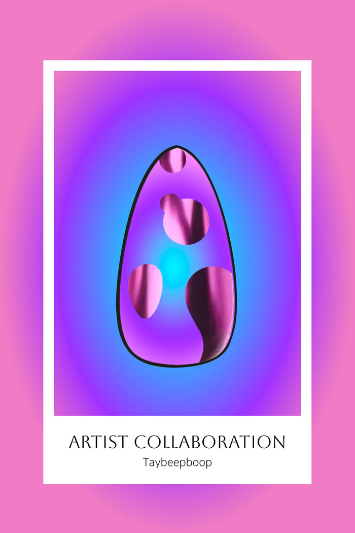 Egg-shaped press-on nails with metallic pink and purple patches on gradient background. Artist collab w/ Taybeepboop.