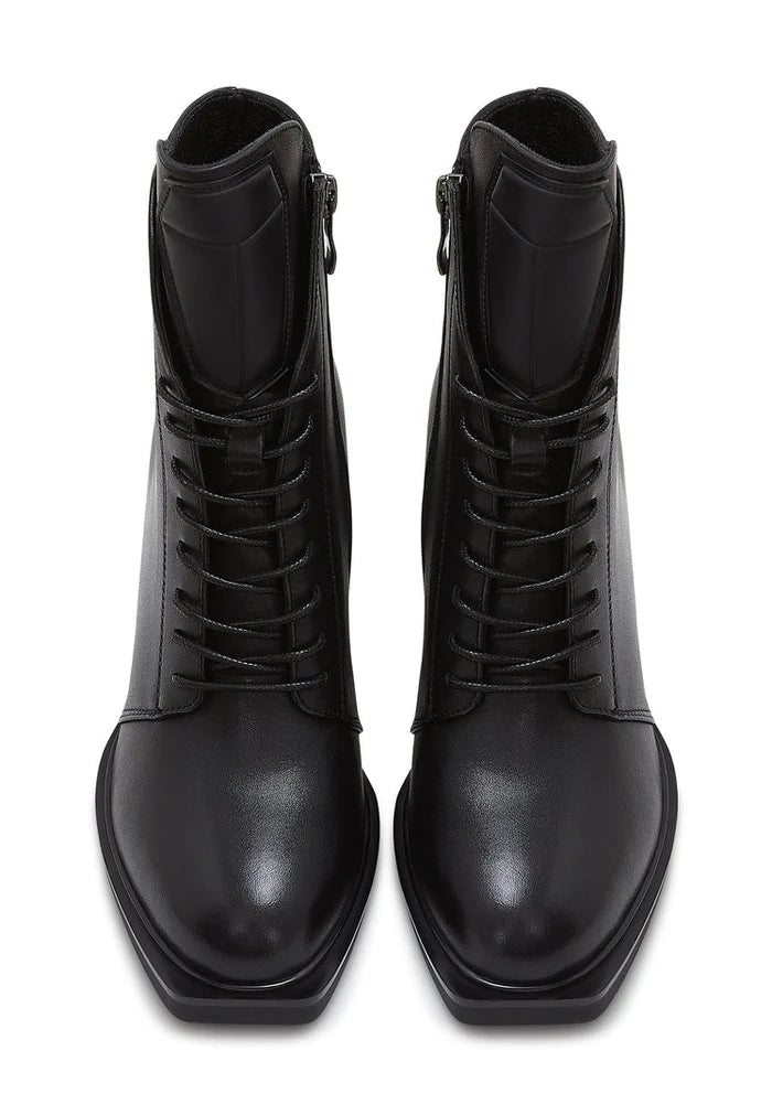 A stylish pair of black leather lace-up ankle boots known as the Behati boots.
