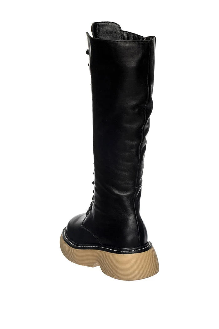 A stylish pair of knee-high leather lace-up boots for a trendy and chic look.