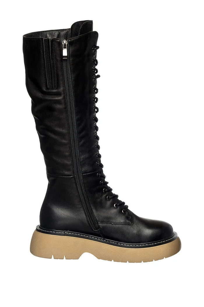 A pair of stylish black leather knee-high lace-up boots perfect for a fashion-forward look.