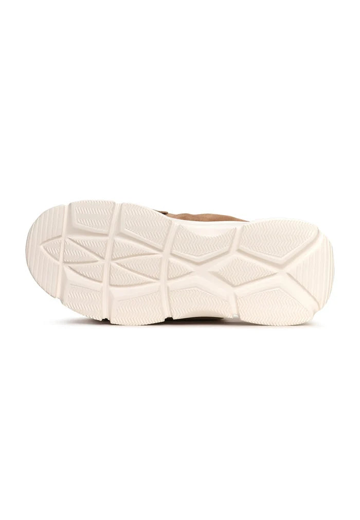 A pair of stylish beige leather platform moccasins, the Alisa beige moccasins, for women - trendy beige slip-on shoes.