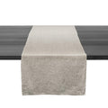 Beige linen table runner with natural texture displayed on dark wood table.