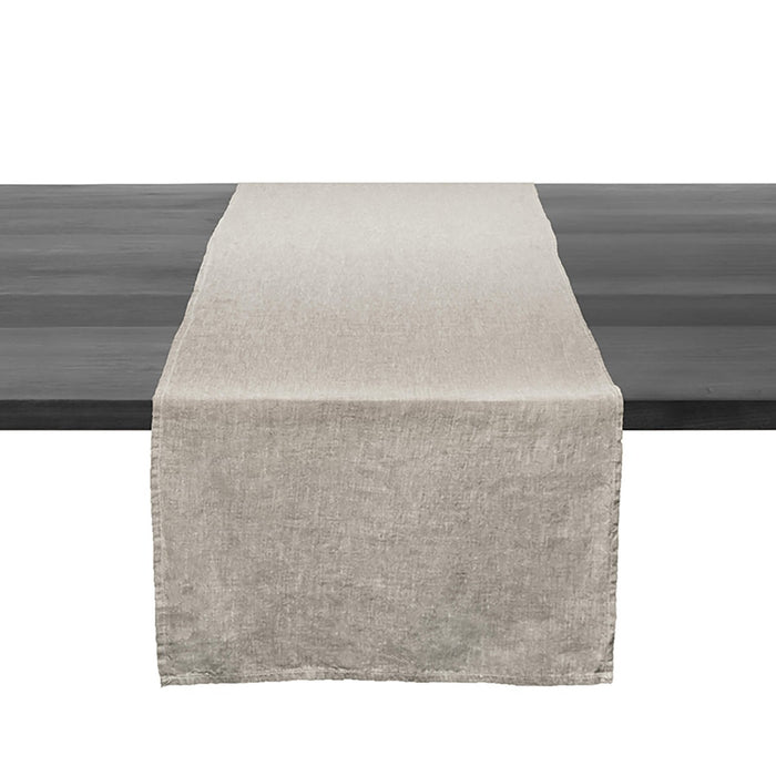 Beige linen table runner with natural texture displayed on dark wood table.