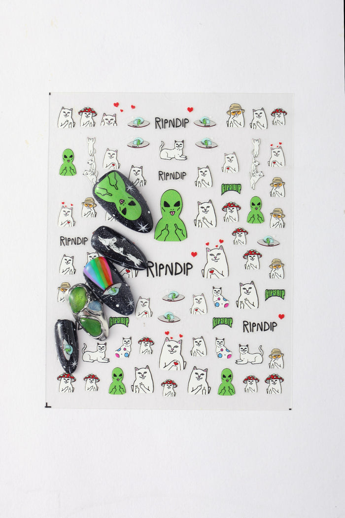 Ripndip nail stickers sheet featuring Lord Nermal aliens and cats.