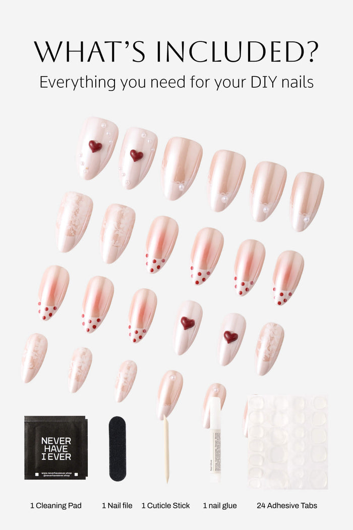 Almond press-on nails with various designs including red hearts, lace, and polka dots, plus application tools.
