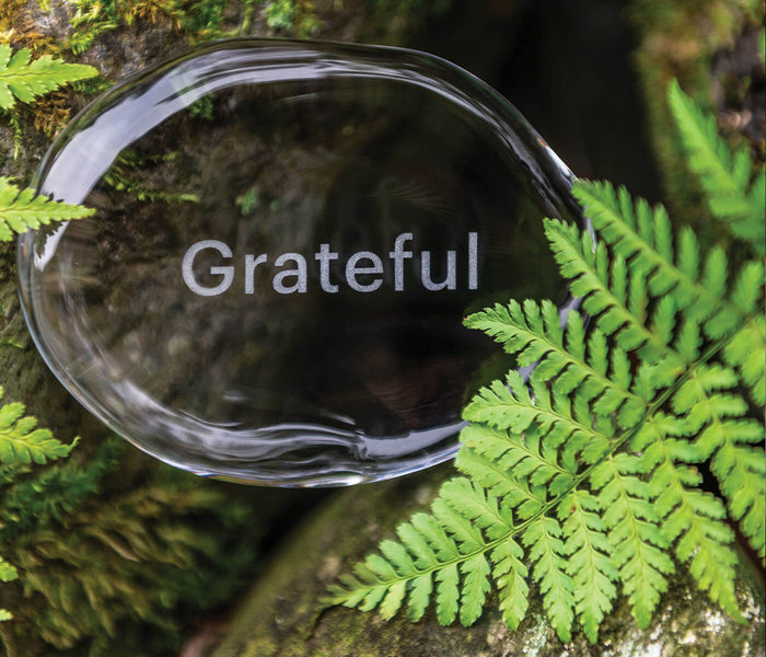 Polished black stone with "Grateful" engraved on surface, displayed on moss and fern foliage.