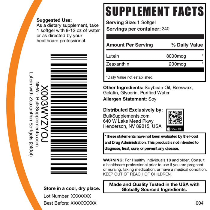 Lutein with Zeaxanthin 240 softgels label