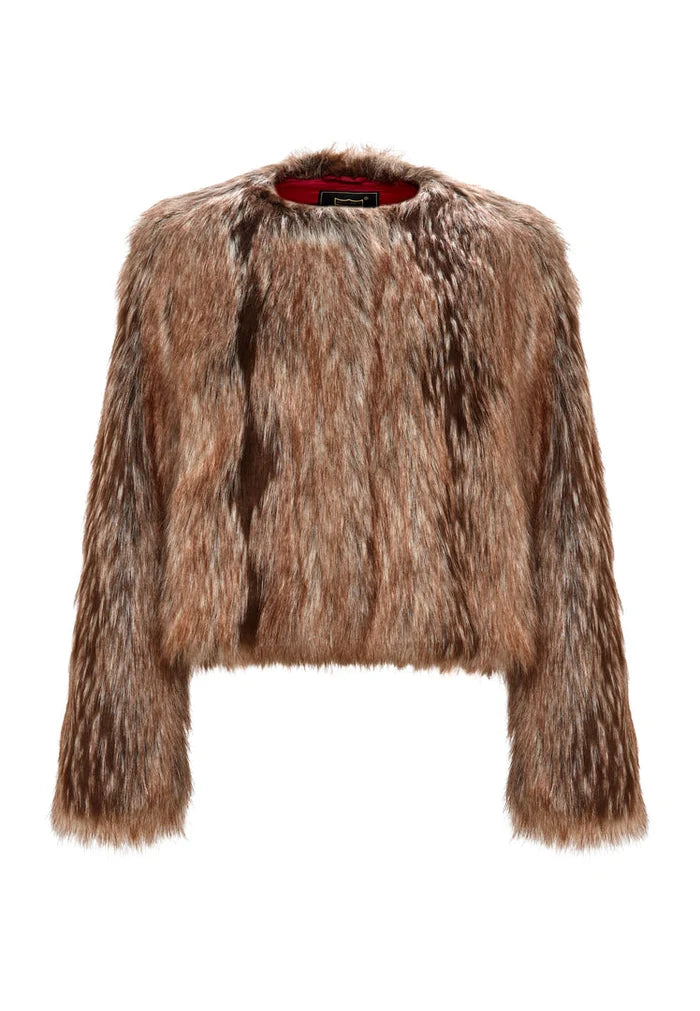 Stay cozy and stylish in this eco-friendly faux fur jacket, a luxe brown outerwear choice for the winter season.