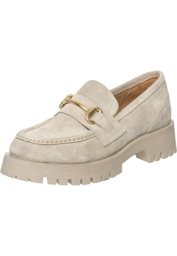 A chic pair of luxe glide gold-bit loafers with a beige leather slip-on design, known as the Josephine Beige shoes - high-end women's designer loafers in a luxurious gold-bit style.
