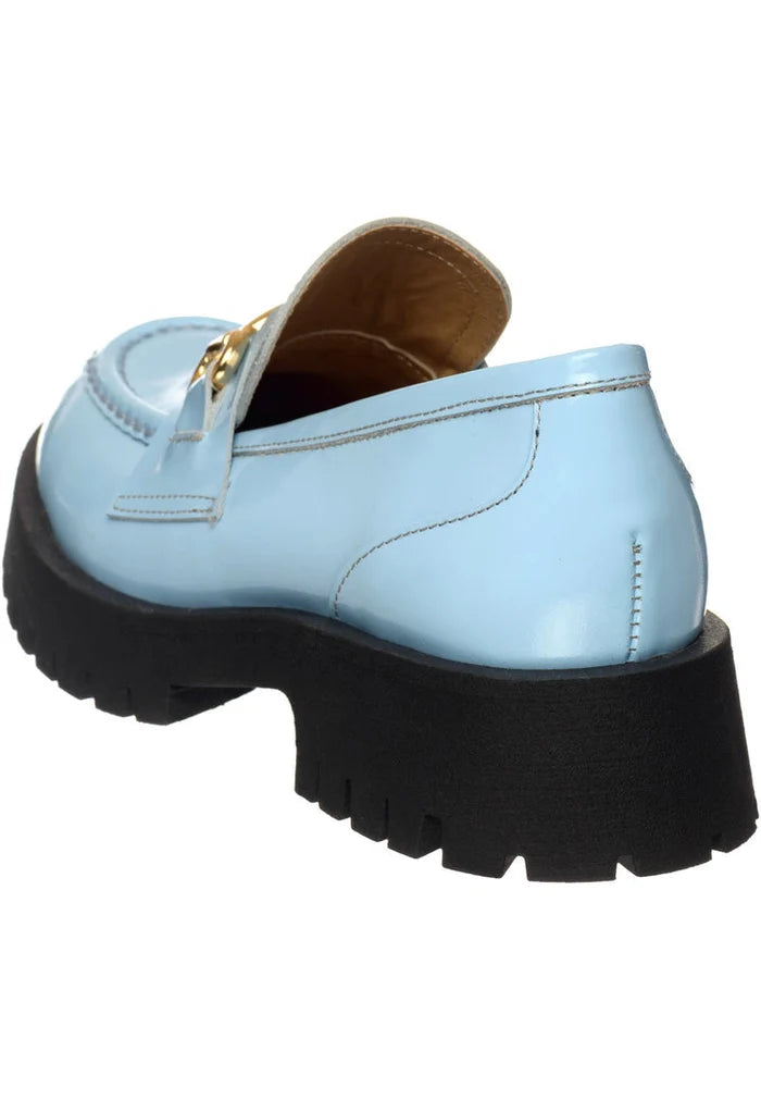 A stylish pair of Luxe Glide Gold-Bit Loafers in Josephine Blue, the perfect blend of luxury and comfort in blue and gold. Perfect for the fashion-forward individual looking for luxe footwear.