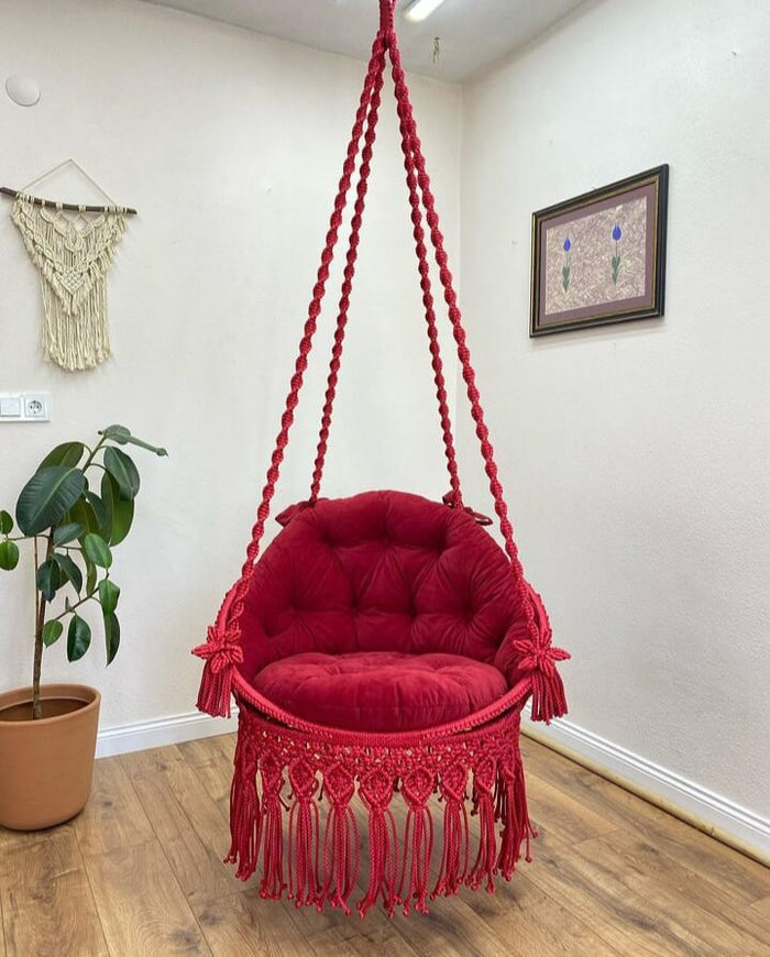 Luxury Red Macramé Hanging Swing Chair