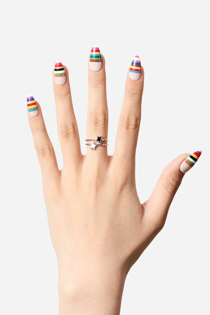 Made You Smile press-on nails with colorful stripes and star ring