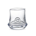 Clear glass tumbler with curved sides and circular emblem on front.