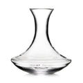 Clear glass wine decanter with curved hourglass shape and wide base.