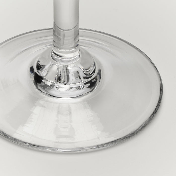 Clear glass wine glass with wide bowl and cylindrical stem shown from above.