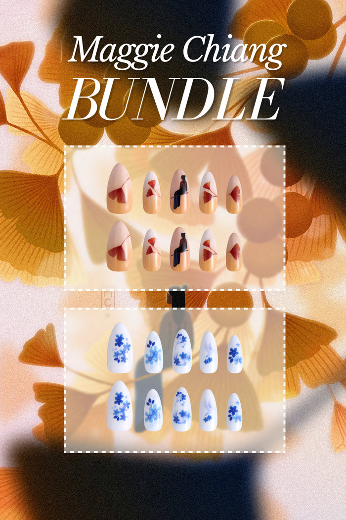 Maggie Chiang Collection Bundle featuring press-on nails with fall leaf and blue floral designs.