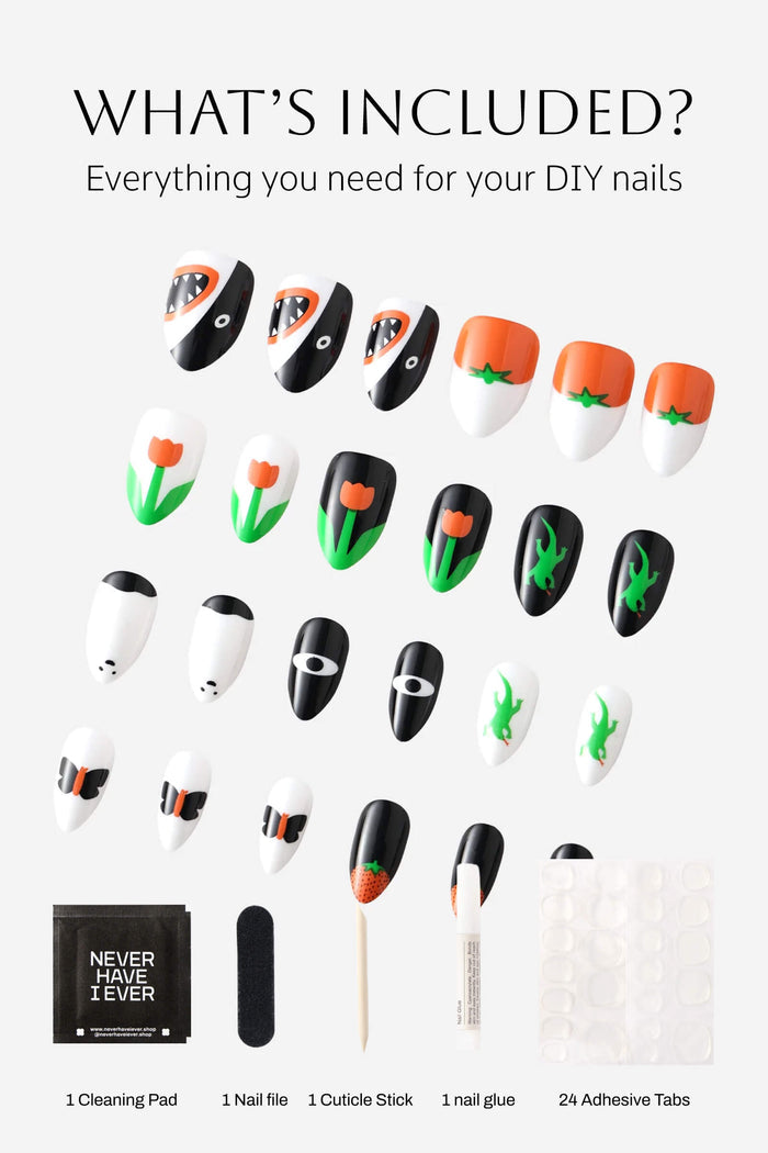 Ghost and Shark press-on nails kit: diverse designs, cleaning pad, nail file, cuticle stick, glue, adhesive tabs.