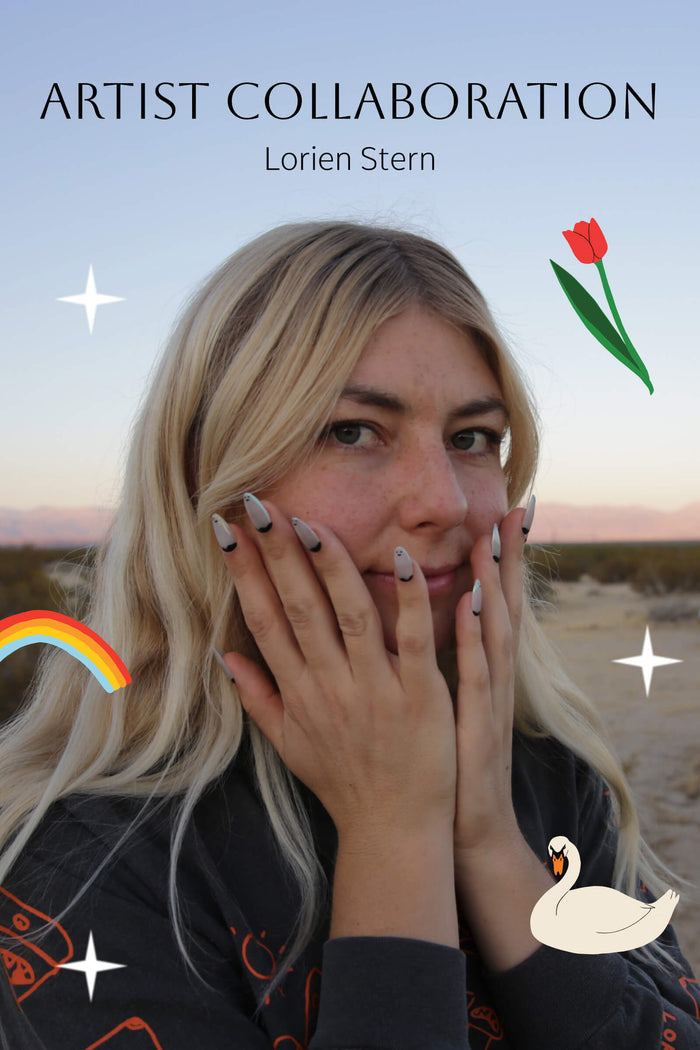 Lorien Stern press-on nails with ghost and shark design, rainbow, tulip, and swan accents.