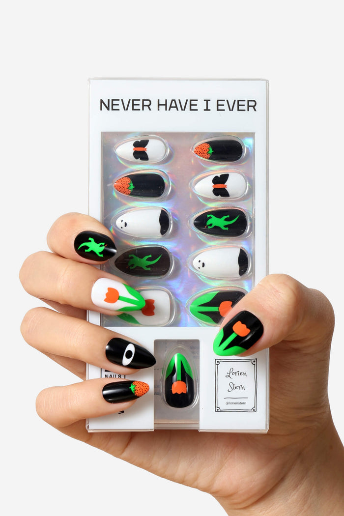 Ghost and Shark press-on nails featuring green lizards, white ghosts, and orange tulips on black and white backgrounds.