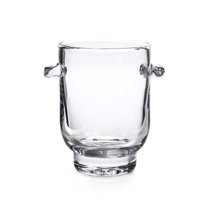 Clear glass ice bucket with curved handles on both sides and a rounded base.
