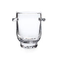 Clear glass ice bucket with curved handles on both sides and a rounded base.