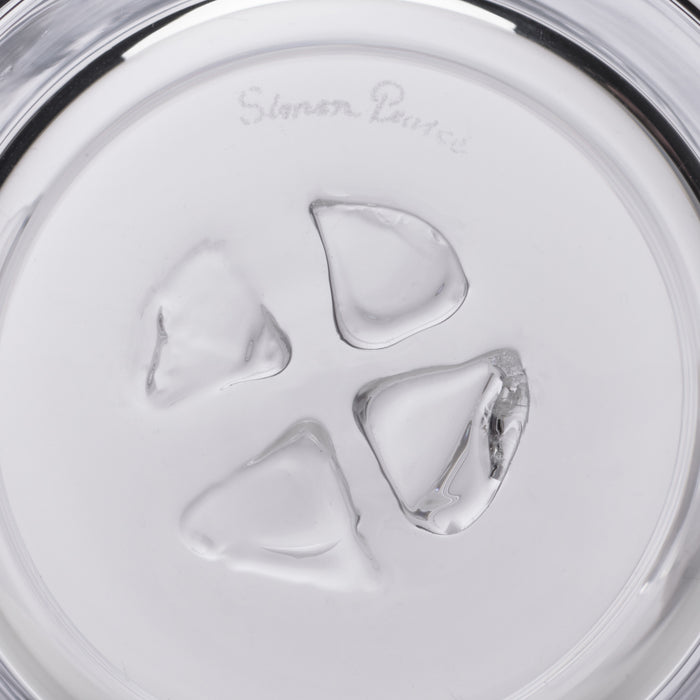 White ice bucket with four ice cubes inside and "Simon Pearce" text on the lid.