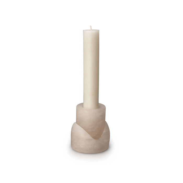 Cream-colored candle holder with cylindrical base holding a tall taper candle and shallow tealight cup.