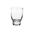 Clear glass tumbler with tapered sides and thick base, suitable for beverages.
