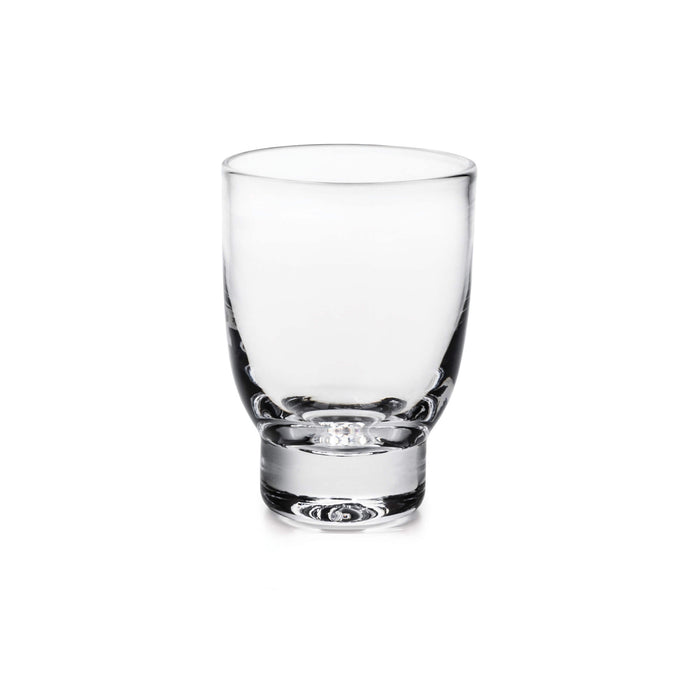 Clear glass tumbler with tapered sides and thick base, suitable for beverages.