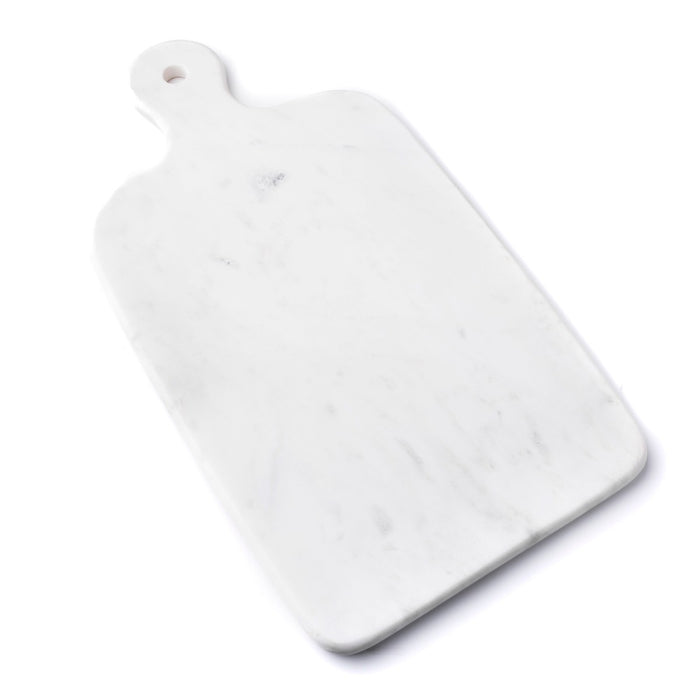 White marble cutting board with handle hole and subtle gray veining throughout.
