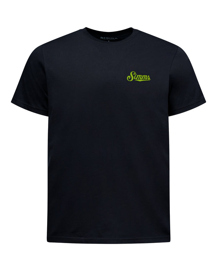 A black short-sleeve crewneck t-shirt with a small green 'Stans' logo printed on the left chest, displayed on a clean white background. Black