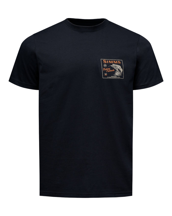 A black short-sleeve crewneck t-shirt featuring a rectangular chest graphic on the left side. The graphic displays the Simms brand logo with a fishing rod and fish illustration in orange, white, and black.